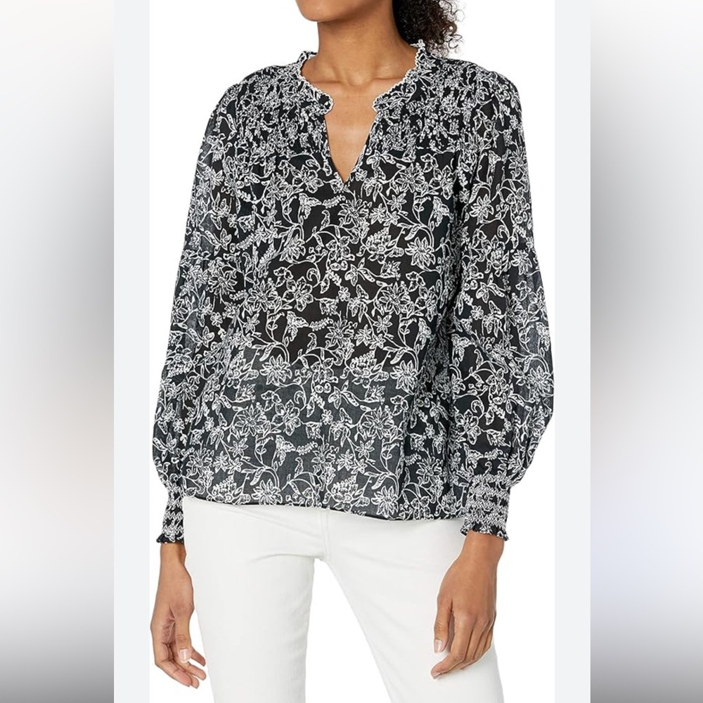 Parker Smocked Ruffle Top Gauze‎ Floral Black White Boho Split Neck Craig Blouse
